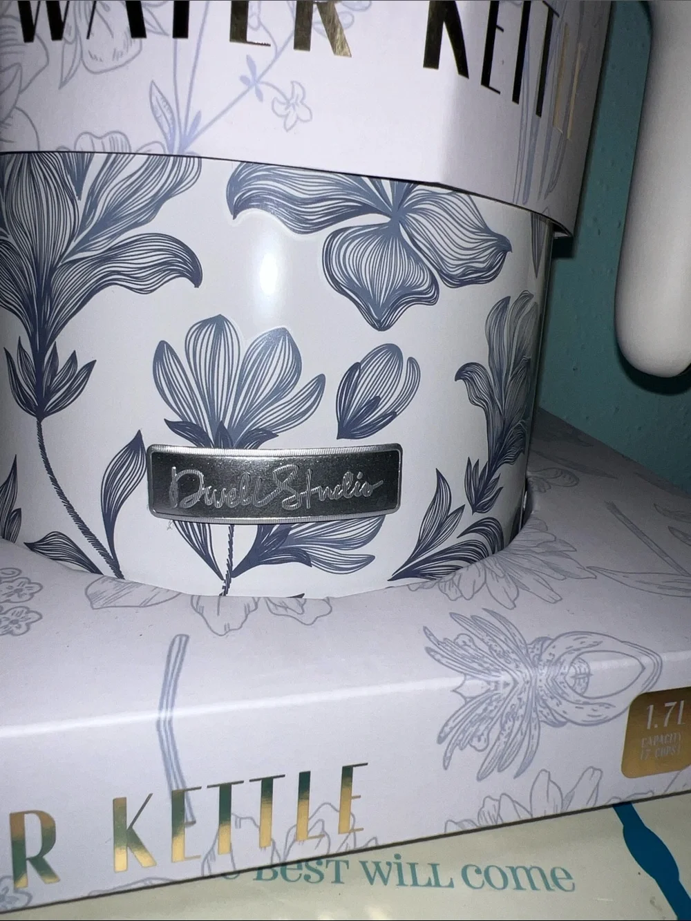 Floral Electric Water Kettle — Cream with Blue Floral Accent